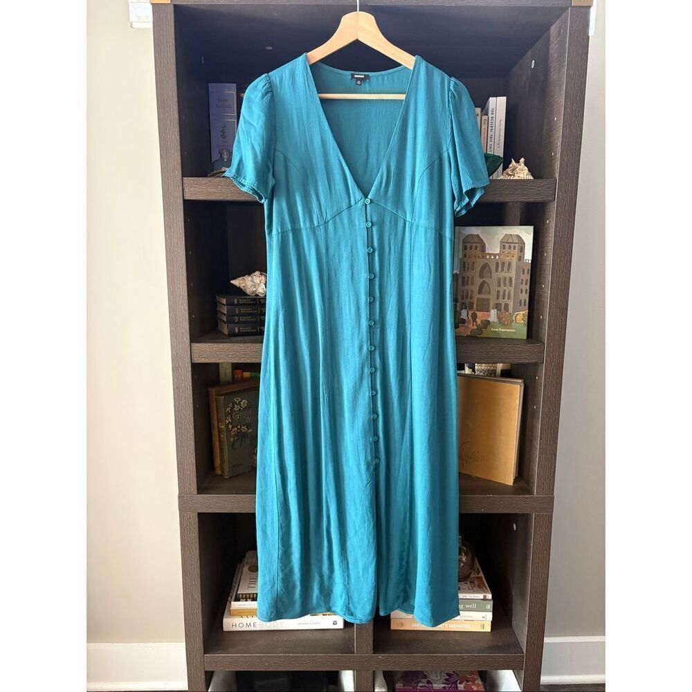 Monrow X Revolve Dark Teal Button Front Midi Dress Oversized XS